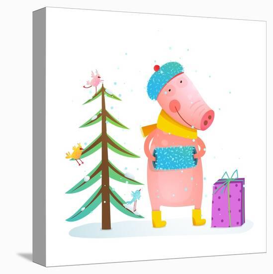 Childish Cheerful Little Pig in Winter Warm Clothes with Fur Tree and Birds. Colorful Cartoon for K-Popmarleo-Stretched Canvas