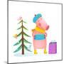 Childish Cheerful Little Pig in Winter Warm Clothes with Fur Tree and Birds. Colorful Cartoon for K-Popmarleo-Mounted Art Print