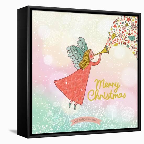 Childish Merry Christmas Card in Vector. Cute Cartoon Fairy in the Sky with Bokeh Effect. Stylish H-smilewithjul-Framed Stretched Canvas