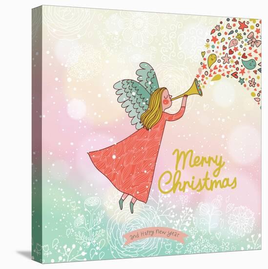 Childish Merry Christmas Card in Vector. Cute Cartoon Fairy in the Sky with Bokeh Effect. Stylish H-smilewithjul-Stretched Canvas