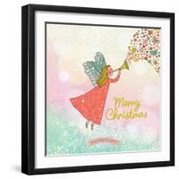 Childish Merry Christmas Card in Vector. Cute Cartoon Fairy in the Sky with Bokeh Effect. Stylish H-smilewithjul-Framed Art Print