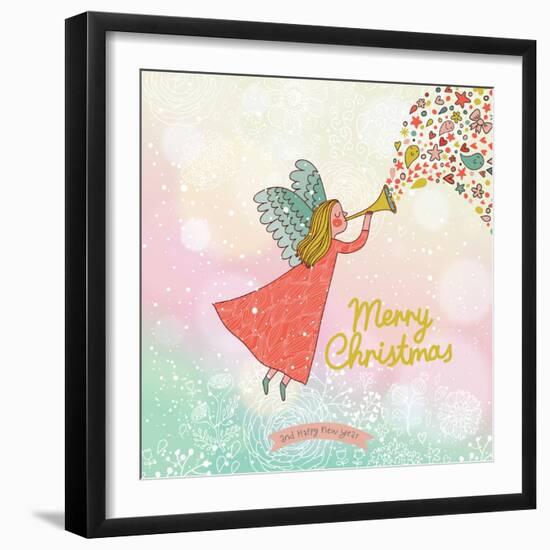 Childish Merry Christmas Card in Vector. Cute Cartoon Fairy in the Sky with Bokeh Effect. Stylish H-smilewithjul-Framed Art Print