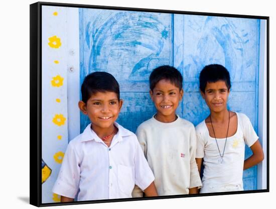 Children Against Blue Wall in Jaipur, Rajasthan, India-Bill Bachmann-Framed Stretched Canvas