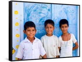 Children Against Blue Wall in Jaipur, Rajasthan, India-Bill Bachmann-Framed Stretched Canvas