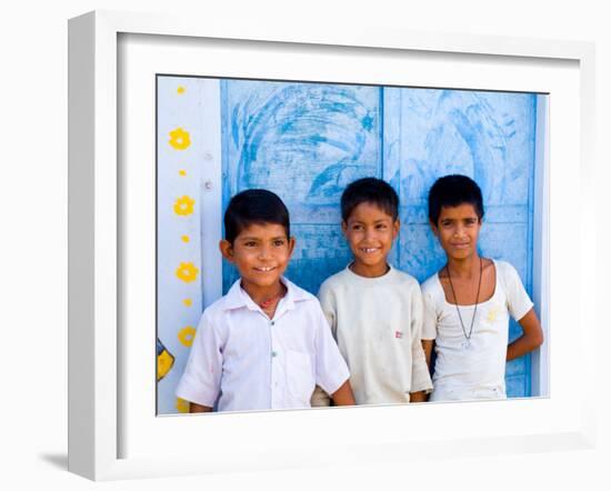 Children Against Blue Wall in Jaipur, Rajasthan, India-Bill Bachmann-Framed Premium Photographic Print