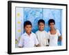 Children Against Blue Wall in Jaipur, Rajasthan, India-Bill Bachmann-Framed Photographic Print