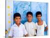 Children Against Blue Wall in Jaipur, Rajasthan, India-Bill Bachmann-Stretched Canvas