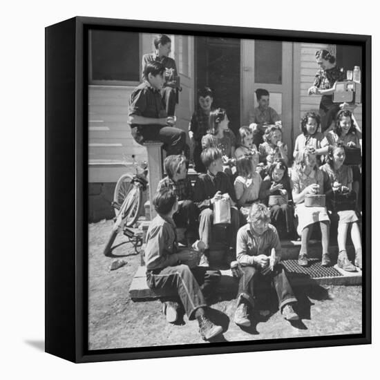 Children and Teacher Sitting Outside One-Room Country School-Hansel Mieth-Framed Stretched Canvas