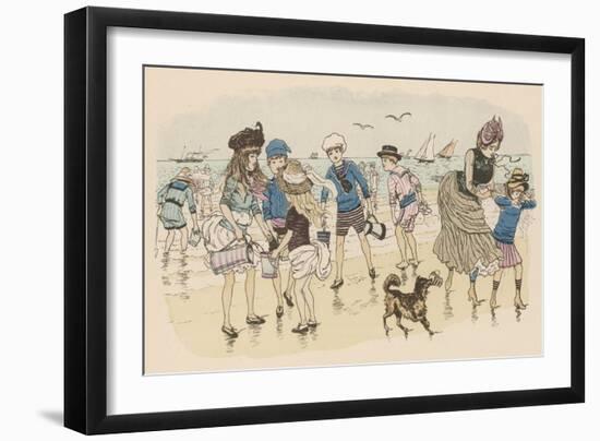 Children and their Dog on the Beach on a Windy Day-null-Framed Art Print