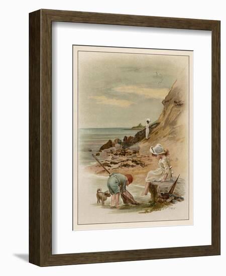 Children at the Seaside, Fishing in a Pool on the Beach-null-Framed Art Print