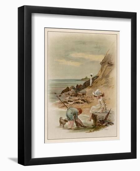 Children at the Seaside, Fishing in a Pool on the Beach-null-Framed Art Print