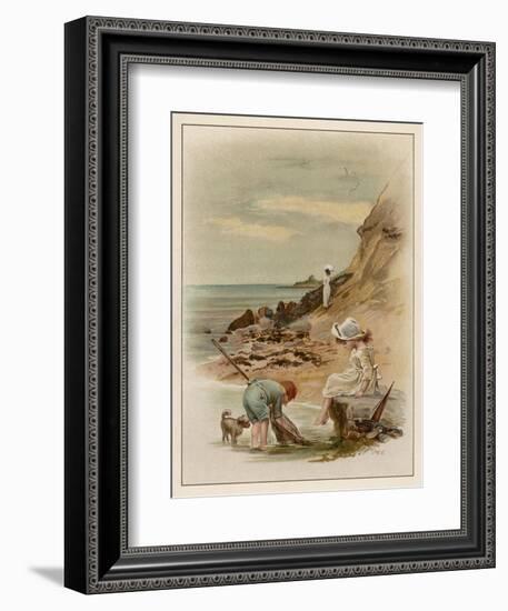 Children at the Seaside, Fishing in a Pool on the Beach-null-Framed Art Print