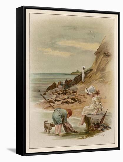 Children at the Seaside, Fishing in a Pool on the Beach-null-Framed Stretched Canvas