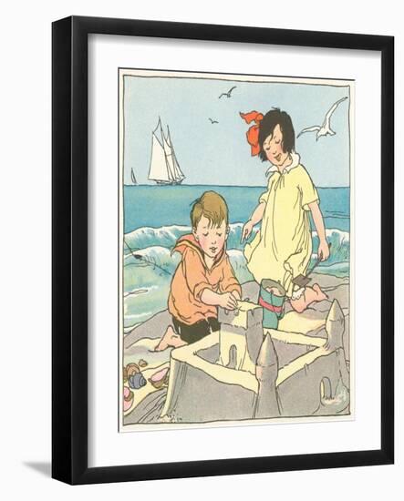 Children Building Sand Castle-null-Framed Art Print