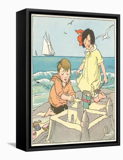 Children Building Sand Castle-null-Framed Stretched Canvas