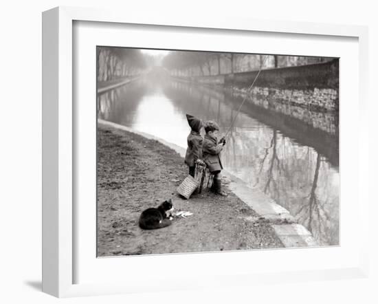 Children Fishing in River-null-Framed Premium Photographic Print