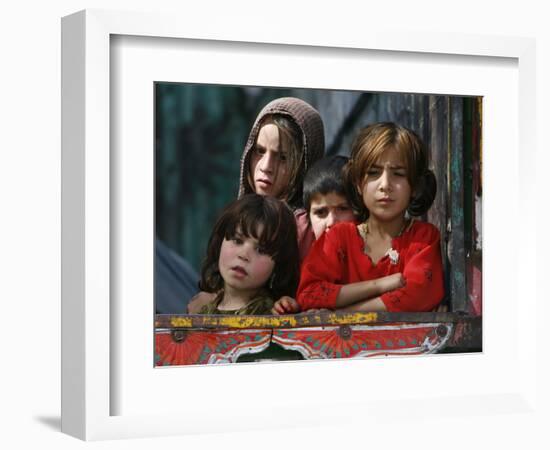 Children from Swat Arrive on a Truck at a Refugee Camp in Mardan, Northwest Pakistan-null-Framed Photographic Print