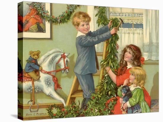 Children Hanging Christmas Holly-Rosa C. Petherick-Stretched Canvas