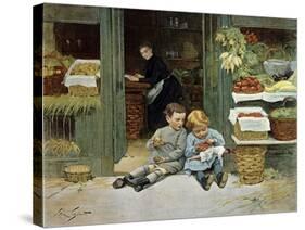 Children Have Afternoon Snack at Grocery Store-Victor Gabriel Gilbert-Stretched Canvas