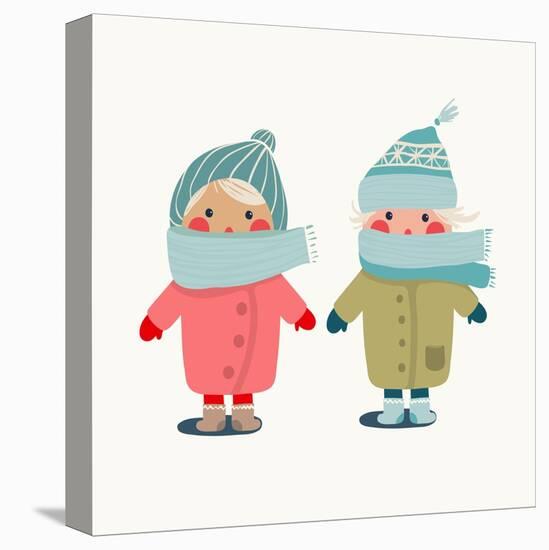 Children in Winter Cloth. Winter Kids Outfit Childish Illustration. Raster Variant.-Popmarleo-Stretched Canvas