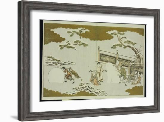 Children Making a Snow Shishi and Rolling a Snowball, from 'The Silver World'-Kitagawa Utamaro-Framed Giclee Print