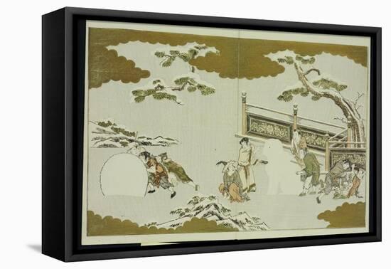 Children Making a Snow Shishi and Rolling a Snowball, from 'The Silver World'-Kitagawa Utamaro-Framed Stretched Canvas