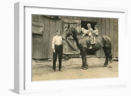 Children on Back of Draft Horse-null-Framed Art Print