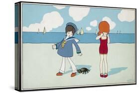 Children on the Beach, a Boy in a Sailor Suit Has His Trousers Bitten by a Crab-A. Bertiglia-Stretched Canvas