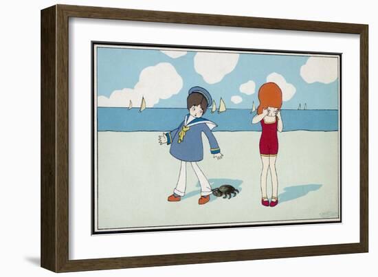Children on the Beach, a Boy in a Sailor Suit Has His Trousers Bitten by a Crab-A. Bertiglia-Framed Art Print