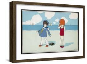 Children on the Beach, a Boy in a Sailor Suit Has His Trousers Bitten by a Crab-A. Bertiglia-Framed Art Print