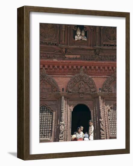 Children Play Beneath the Figures of Shiva and Parvati at a Temple in Durbar Square, Nepal-Don Smith-Framed Photographic Print