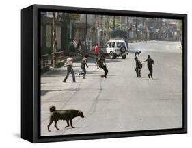 Children Play Soccer on a Deserted Street of Katmandu, Nepal-null-Framed Stretched Canvas