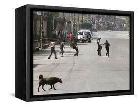 Children Play Soccer on a Deserted Street of Katmandu, Nepal-null-Framed Stretched Canvas