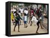 Children Play Soccer on a Monrovian Street-null-Framed Stretched Canvas