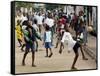 Children Play Soccer on a Monrovian Street-null-Framed Stretched Canvas
