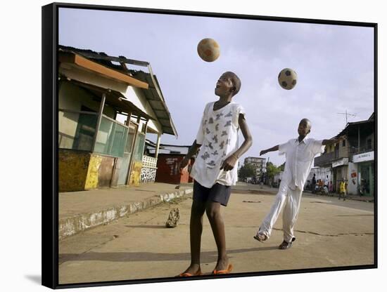 Children Play Soccer on a Street-null-Framed Stretched Canvas