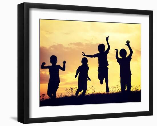 Children Playing on Summer Sunset Meadow-zurijeta-Framed Photographic Print
