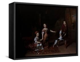 Children Playing with a Dog in a Living Room, 17Th Century (Oil on Canvas)-Jan Verkolje-Framed Stretched Canvas