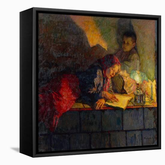 Children Reading by Candlelight-Nikolai Petrovich Bogdanov-Belsky-Framed Stretched Canvas