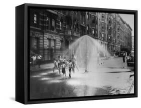 Children Running Around under Sprinkler in Street to Cool Off During Summer, in South Harlem-null-Framed Stretched Canvas