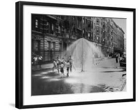 Children Running Around under Sprinkler in Street to Cool Off During Summer, in South Harlem-null-Framed Photographic Print