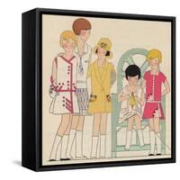 Children's Fashions: Girls' Summer Dresses in White, Pink and Yellow-null-Framed Stretched Canvas