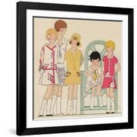 Children's Fashions: Girls' Summer Dresses in White, Pink and Yellow-null-Framed Giclee Print