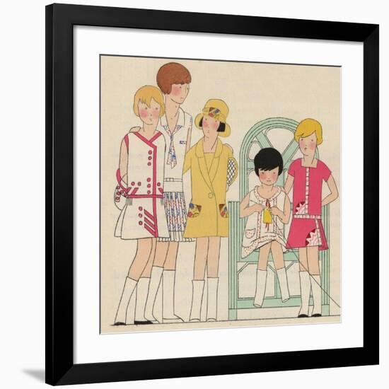 Children's Fashions: Girls' Summer Dresses in White, Pink and Yellow-null-Framed Giclee Print