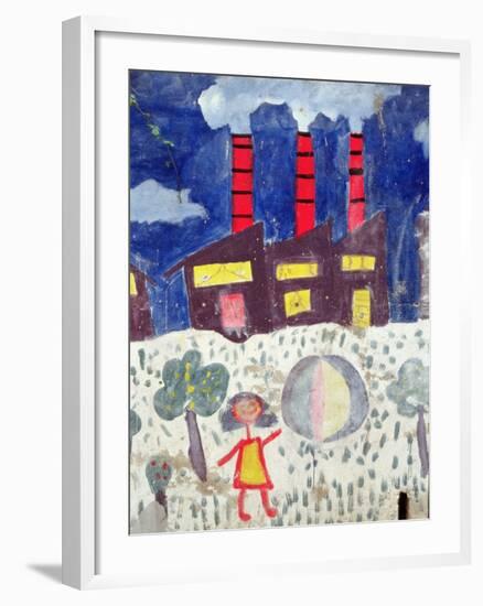 Children's Painting of Poble Sec Power Station on a Street Wall-null-Framed Giclee Print