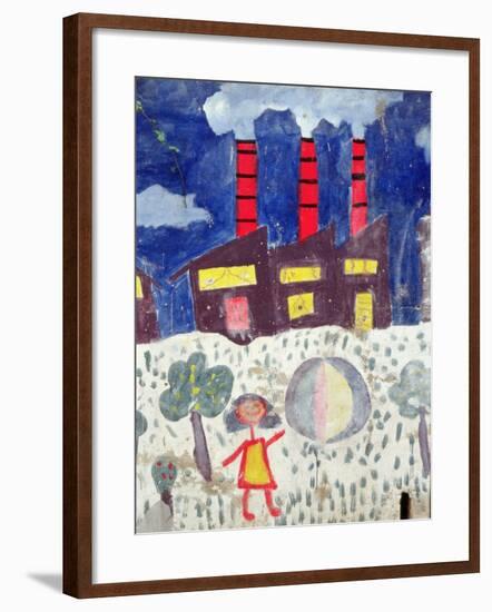 Children's Painting of Poble Sec Power Station on a Street Wall-null-Framed Giclee Print