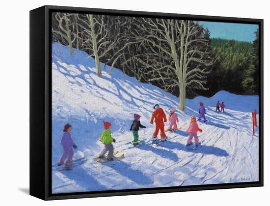 Children's Ski Lesson, Courchevel to La Tania, 2019 (Oil on Canvas)-Andrew Macara-Framed Stretched Canvas