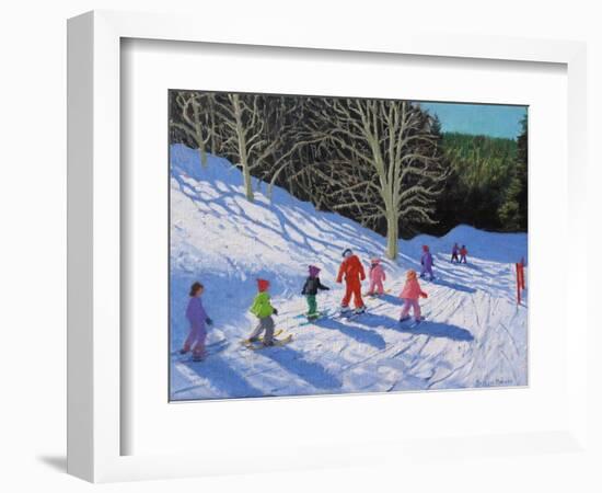 Children's Ski Lesson, Courchevel to La Tania, 2019 (Oil on Canvas)-Andrew Macara-Framed Giclee Print