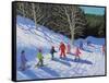 Children's Ski Lesson, Courchevel to La Tania, 2019 (Oil on Canvas)-Andrew Macara-Framed Stretched Canvas