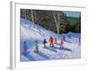 Children's Ski Lesson, Courchevel to La Tania, 2019 (Oil on Canvas)-Andrew Macara-Framed Giclee Print